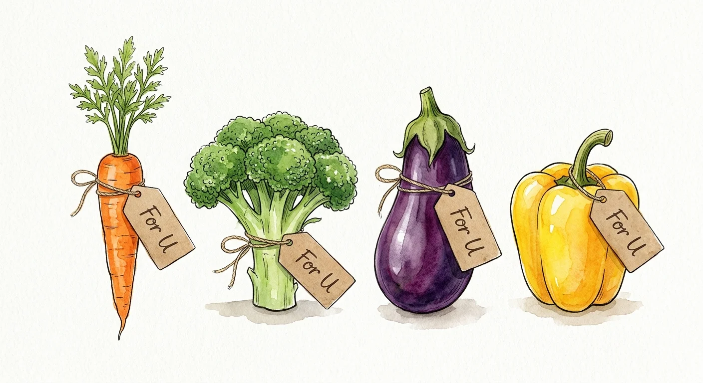 Watercolor illustration of fresh vegetables with small personalized tags reading For U attached with twine.