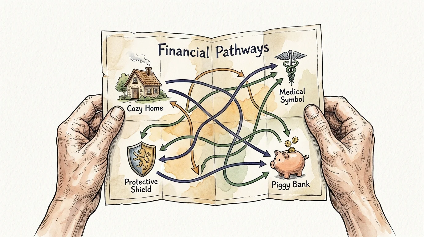Watercolor illustration of senior hands holding an unfolded map with icons of a home, shield, and piggy bank.