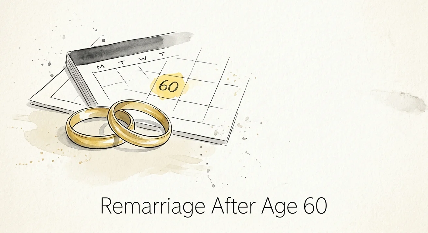 Watercolor illustration of two wedding bands next to a calendar highlighting age 60, representing the remarriage rule for survivor benefits.