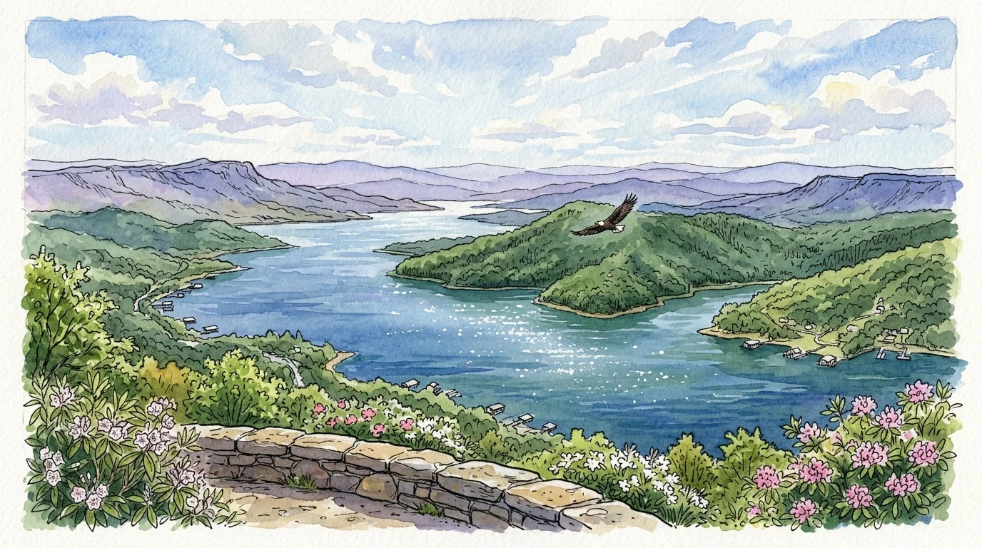 Watercolor illustration of an eagle flying over a scenic lake surrounded by green hills, mountains, and flowers.