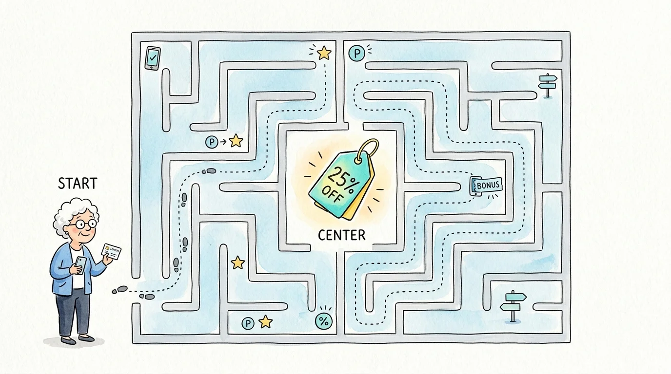 Watercolor sketch of a small senior figure navigating a friendly maze toward a percentage discount tag at the center.