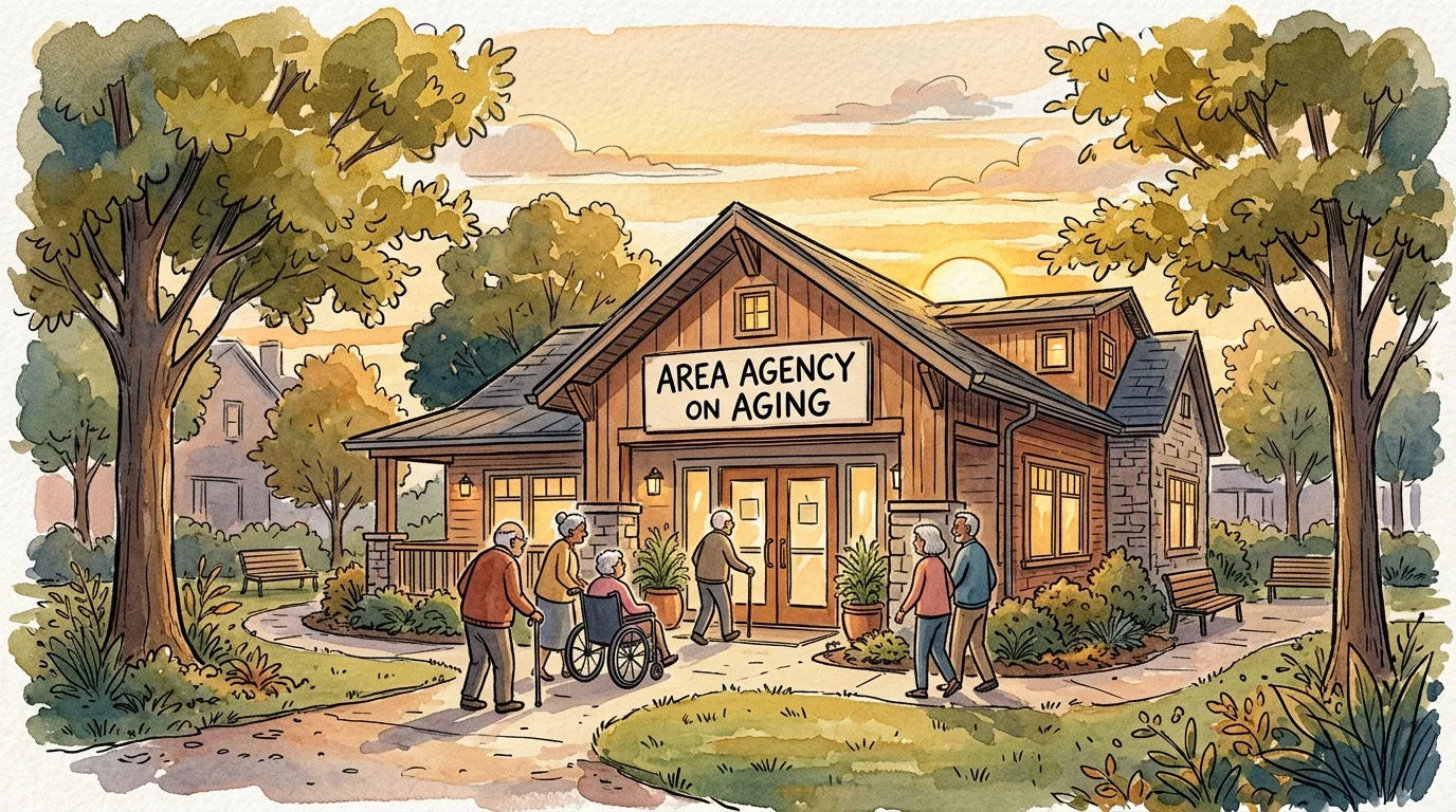 Watercolor sketch of a welcoming local community center labeled 'Area Agency on Aging' in a warm neighborhood setting.