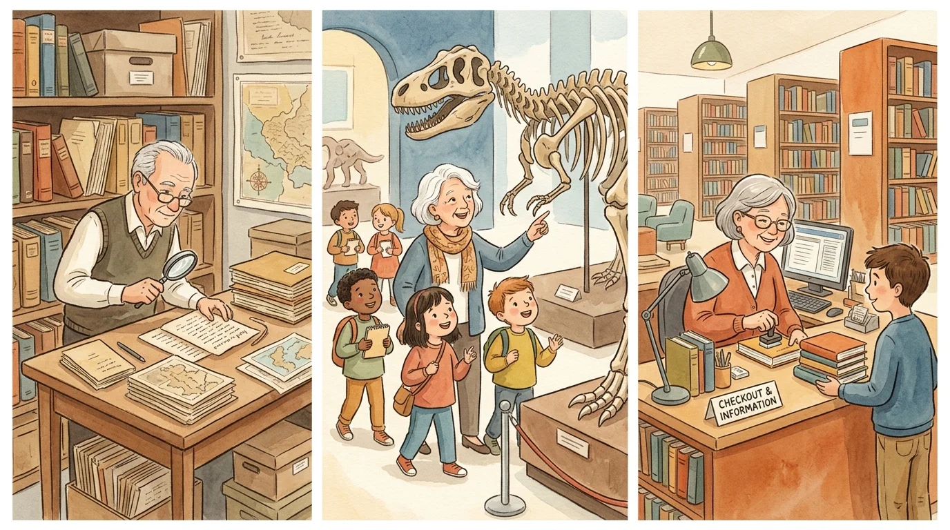 Watercolor triptych showing retirees working in three roles: archivist, tour guide, and library desk assistant.