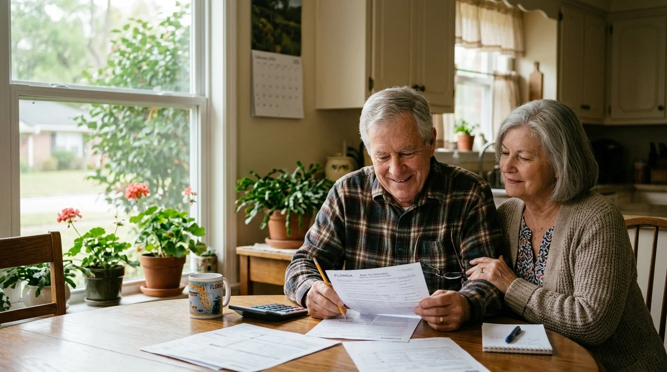 Senior couple sitting at a wooden kitchen table smiling and reviewing tax documents with a calculator.