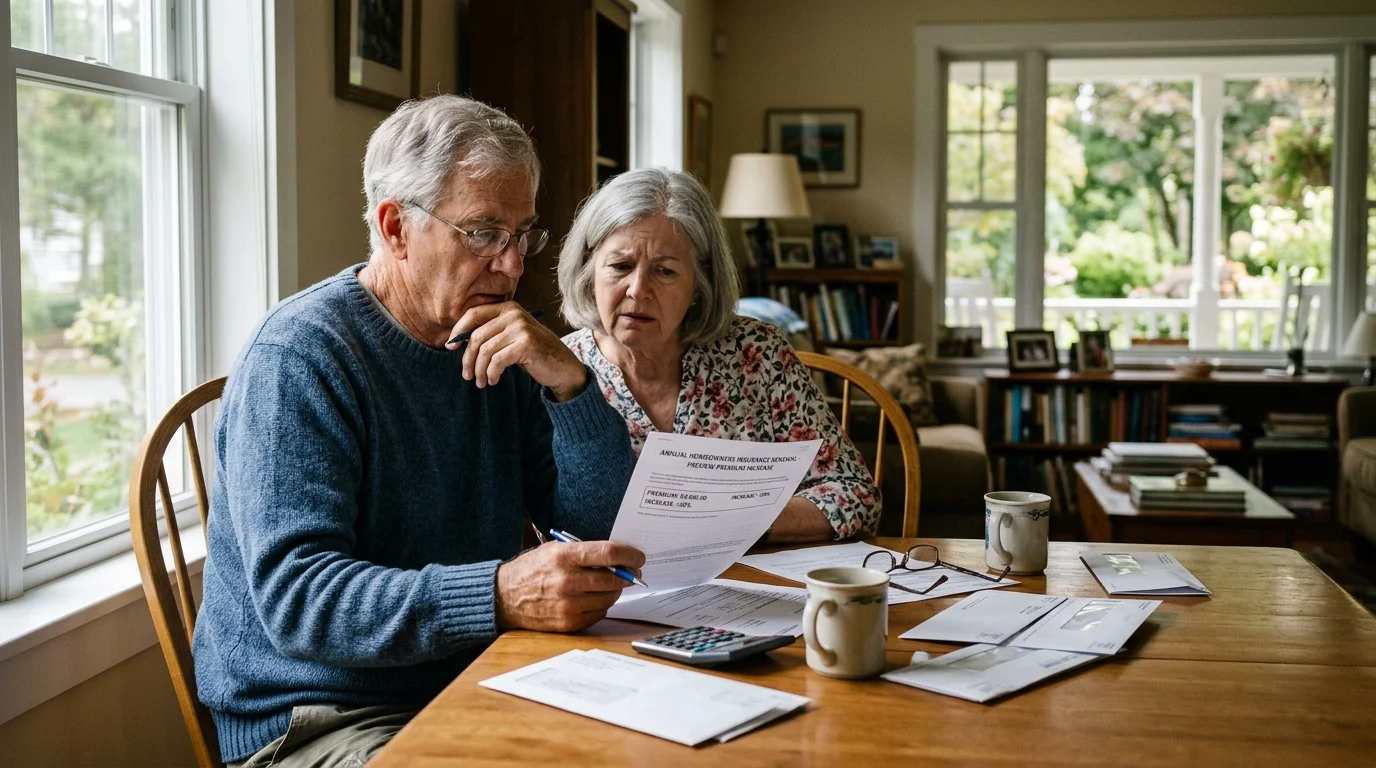 An older couple sits at a wooden table reviewing an annual homeowners insurance document with concern.
