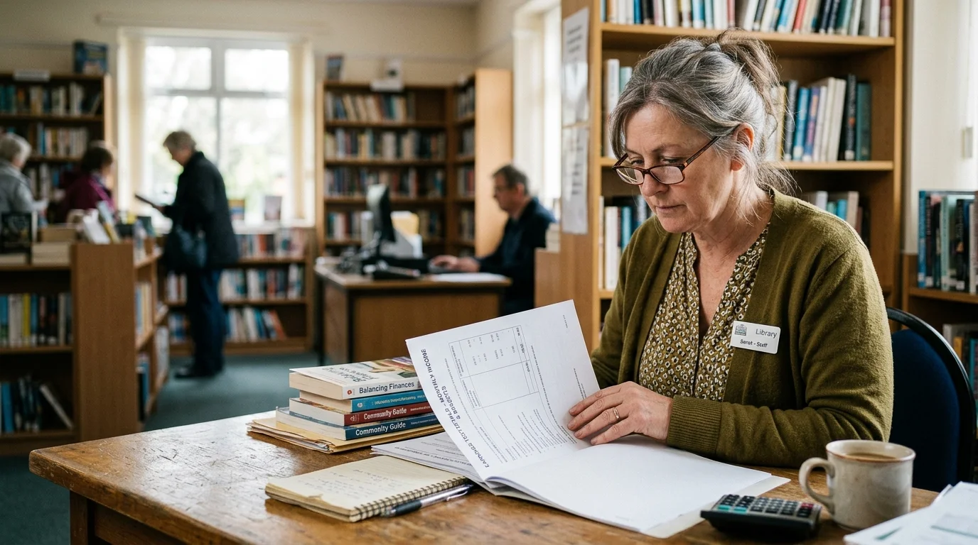 Woman with glasses sits at a wooden library desk reviewing paperwork beside a stack of books and a coffee mug.