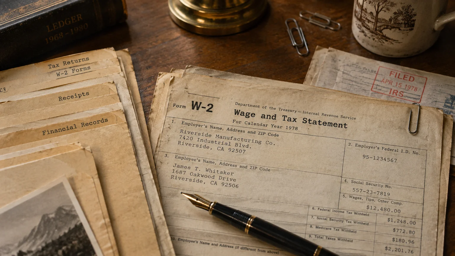 Vintage Form W-2 tax document with a fountain pen, file folders, and paperclips on a wooden desk.