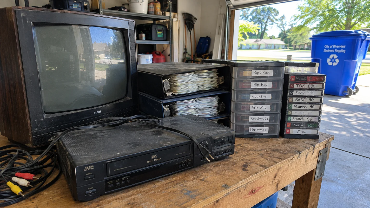 A dusty CRT television, JVC VCR player, binders of discs, and cassette tape organizers sit on a workbench in a garage.