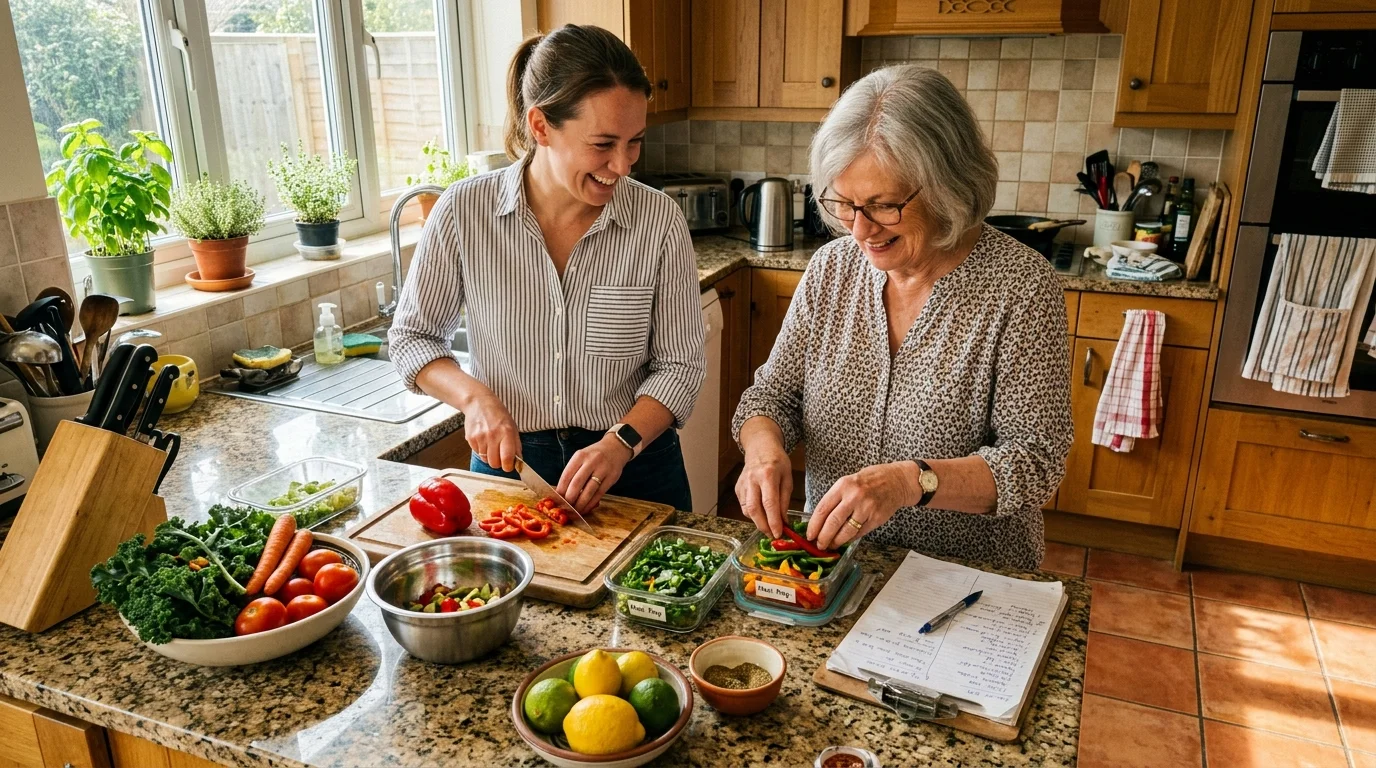A younger woman and an older woman smile while chopping bell peppers together in a home kitchen.