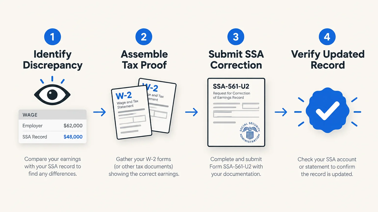 Four-step diagram showing how to identify discrepancies, assemble tax proof, submit an SSA correction, and verify the record.