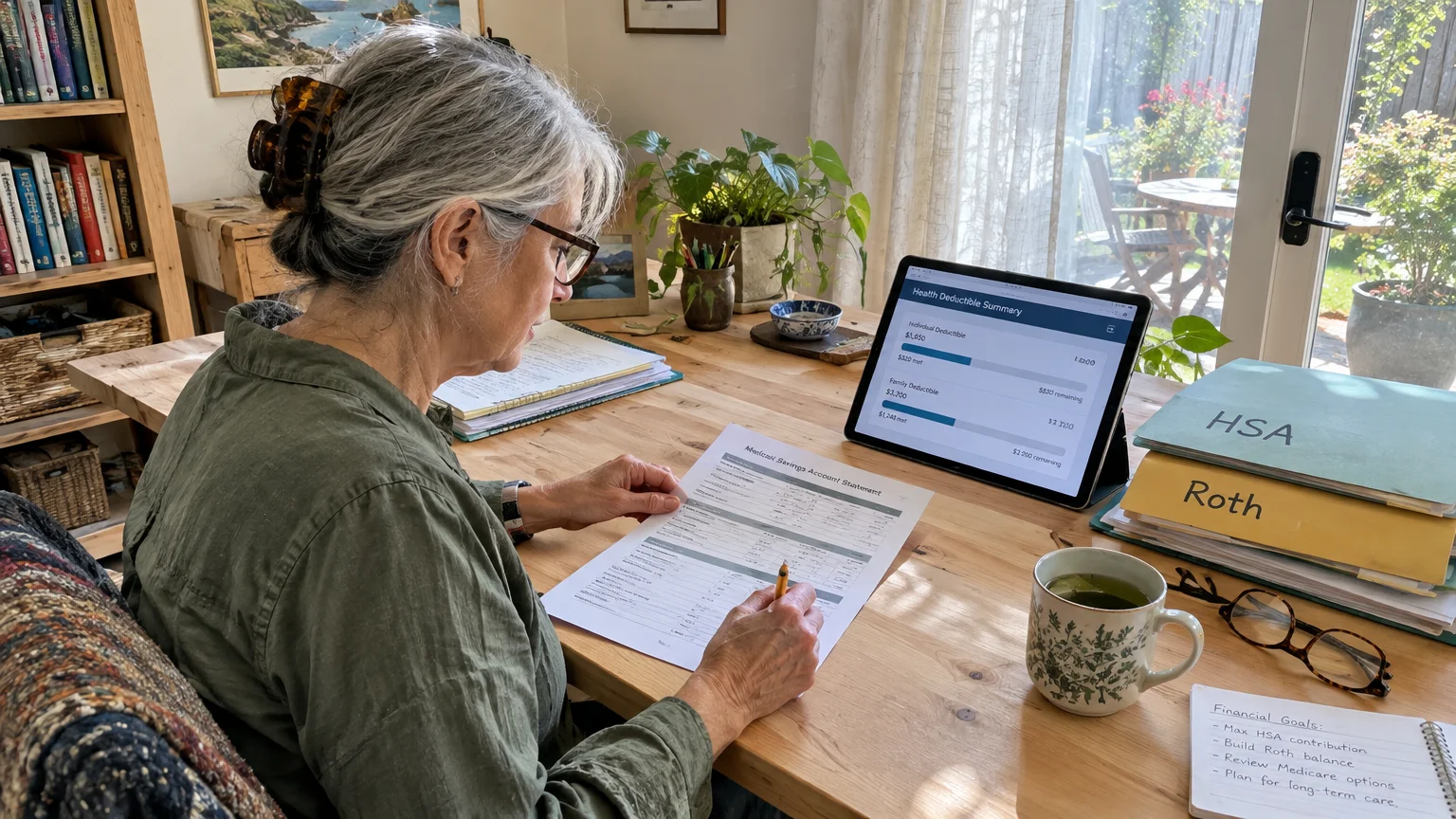 A woman sits at a desk reviewing a financial statement beside folders labeled HSA and Roth and a tablet showing deductible data.