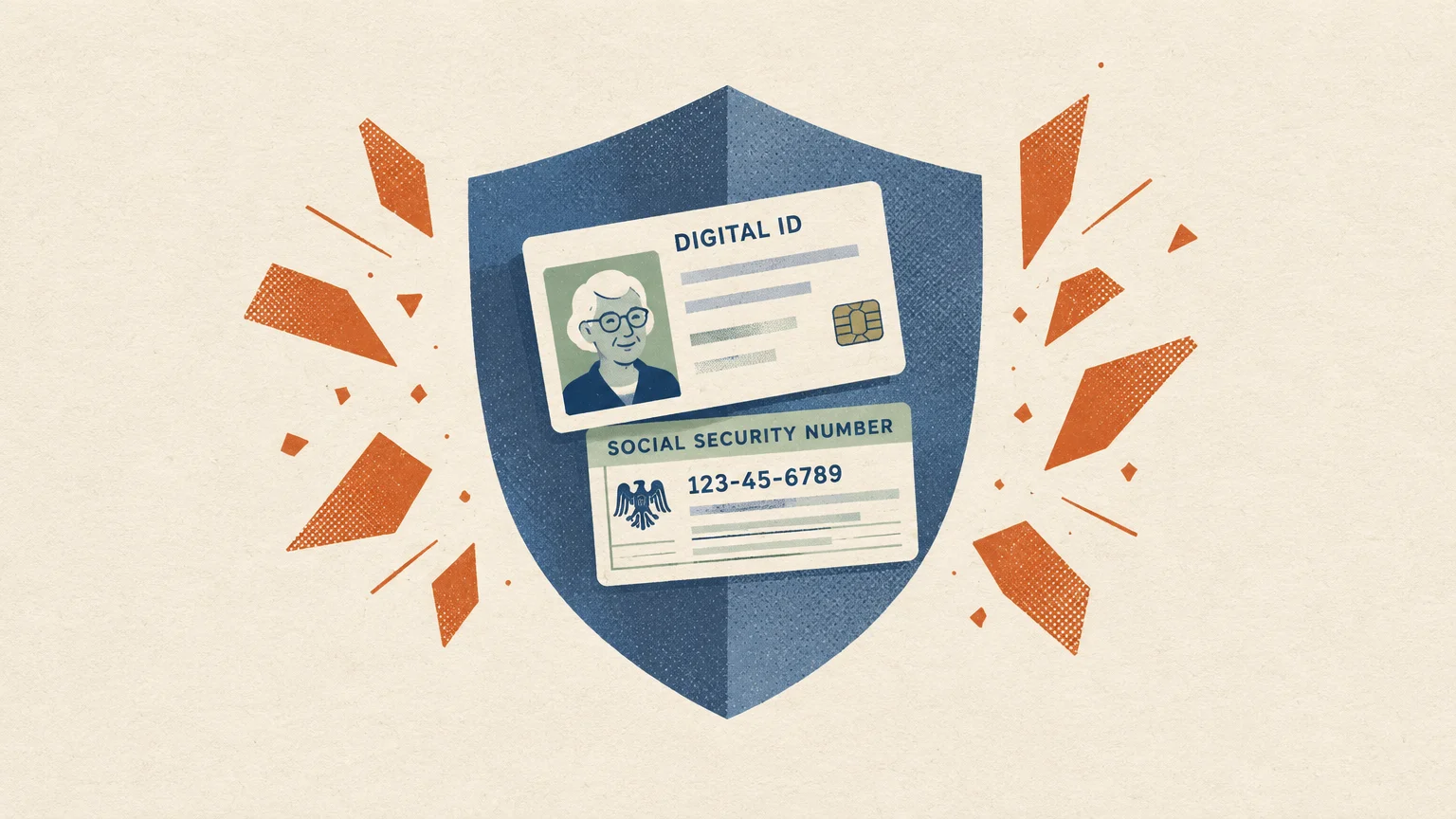 Illustration of a blue shield protecting a digital ID card and a Social Security card against orange geometric shards.