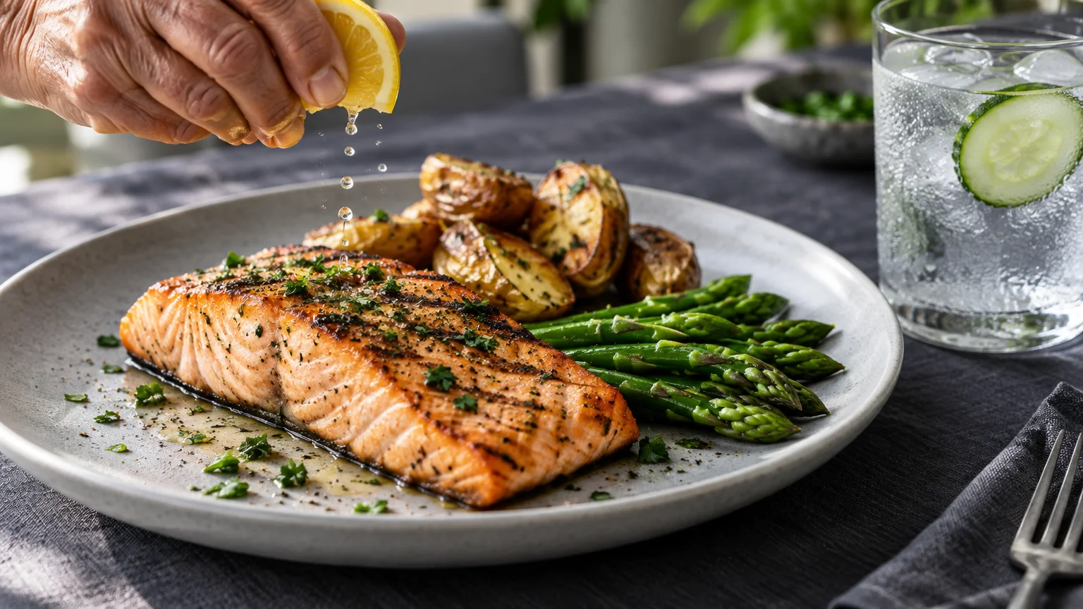 A hand squeezes a lemon wedge over grilled salmon, roasted potatoes, and green asparagus on a plate.