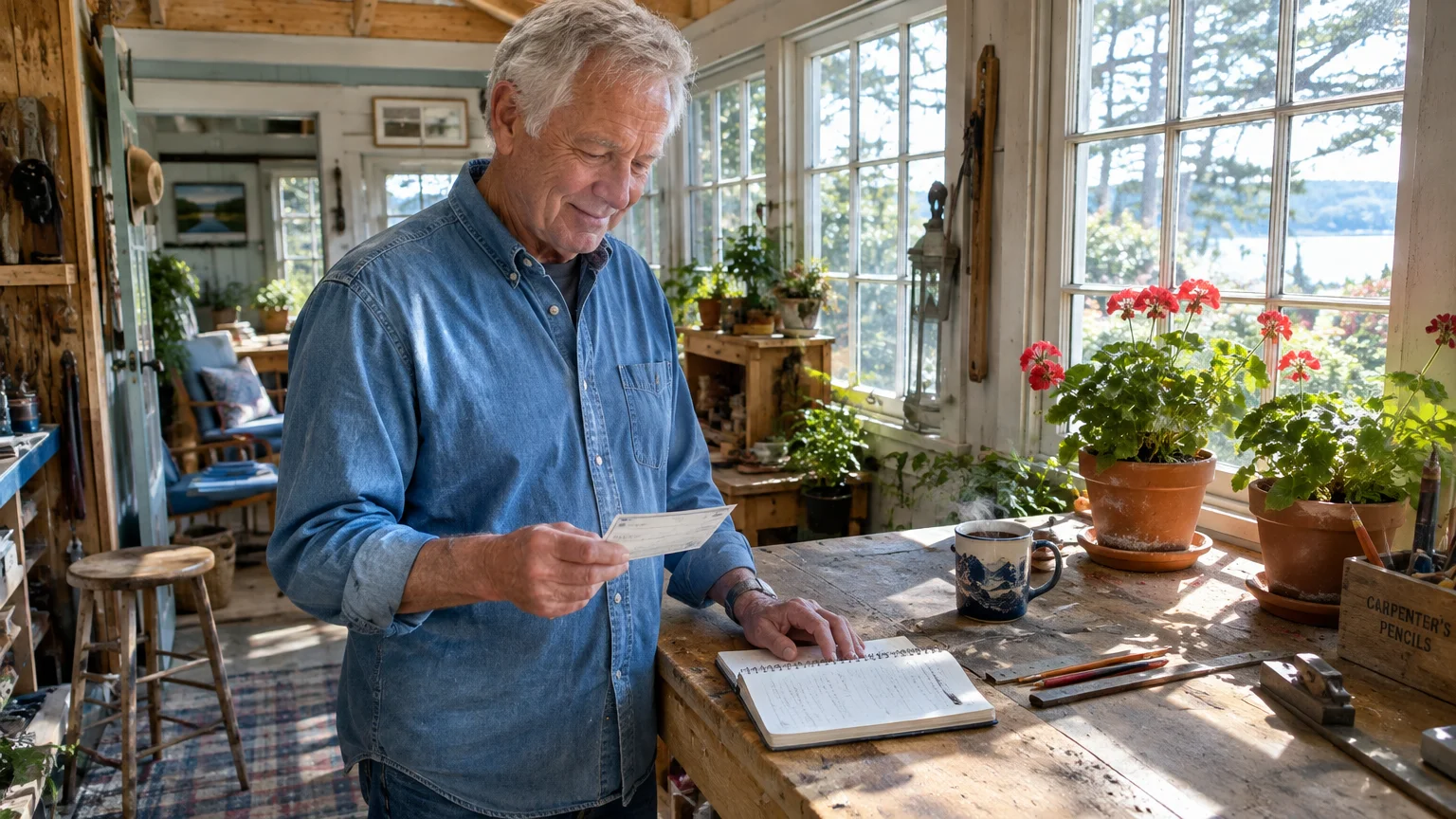 Man in a denim shirt looking at a check beside an open notebook and coffee mug in a sunlit workshop.