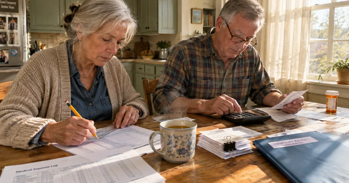 Senior couple sitting at a wooden table reviewing medical receipts, expense logs, and calculating bills.