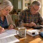 Senior couple sitting at a wooden table reviewing medical receipts, expense logs, and calculating bills.