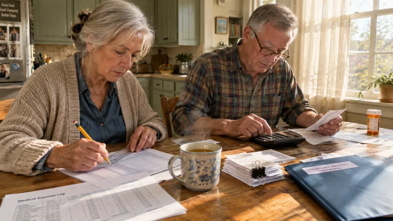 Senior couple sitting at a wooden table reviewing medical receipts, expense logs, and calculating bills.