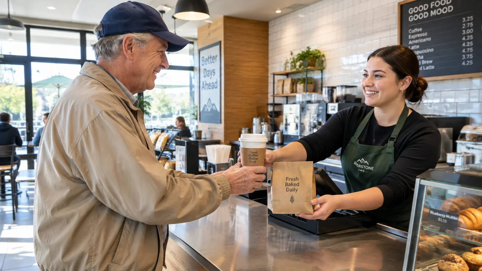A smiling barista hands a senior man a coffee cup and a paper pastry bag across a modern cafe counter.