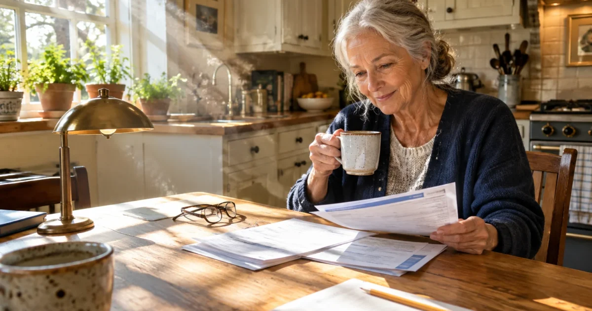 Senior woman sitting at a sunlit wooden kitchen table with coffee, reviewing paper bills and documents.