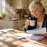 Senior woman sitting at a sunlit wooden kitchen table with coffee, reviewing paper bills and documents.