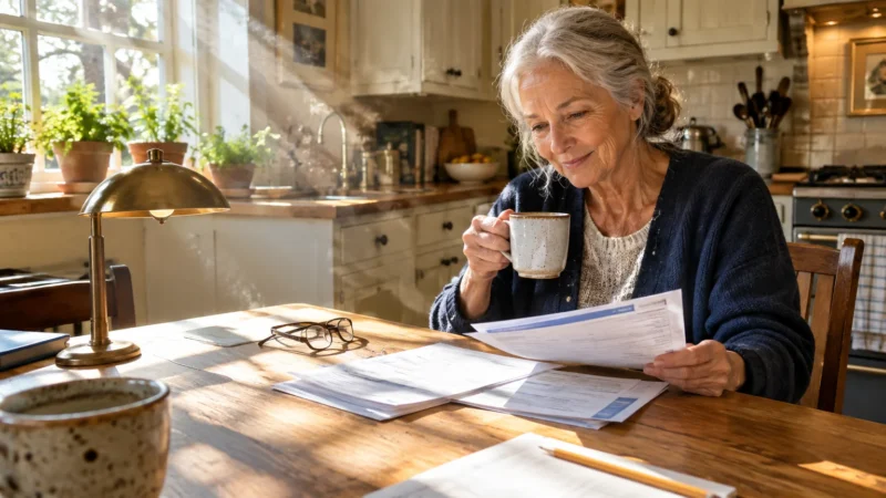 Senior woman sitting at a sunlit wooden kitchen table with coffee, reviewing paper bills and documents.