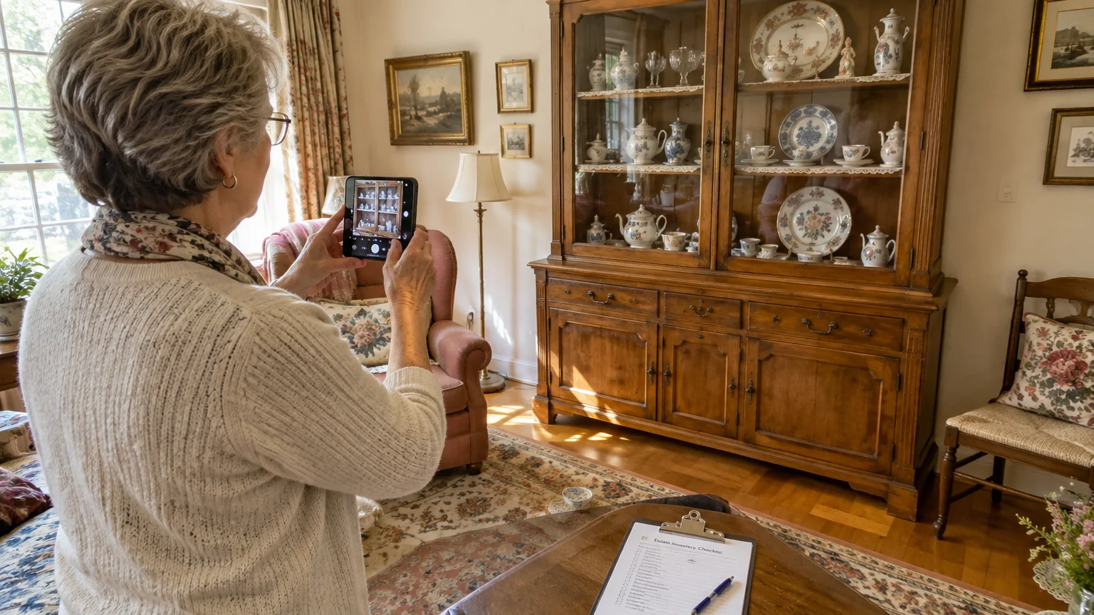 A woman uses a smartphone to take a photo of a wooden china cabinet displaying porcelain dishes and teapots.