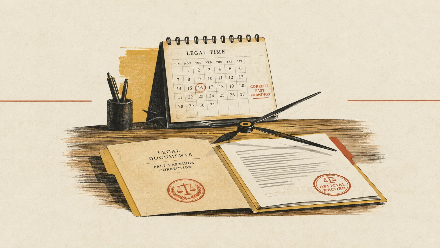 Illustration of a desk calendar, clock hands, pen holder, and an open folder titled Legal Documents Past Earnings Correction.