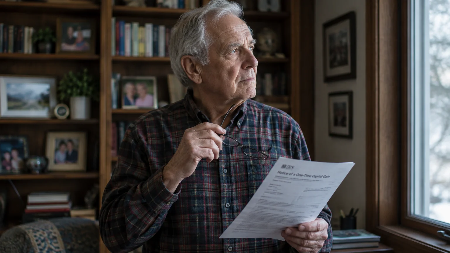 A senior man in a plaid shirt holds a document and eyeglasses while looking thoughtfully out a window near a bookshelf.