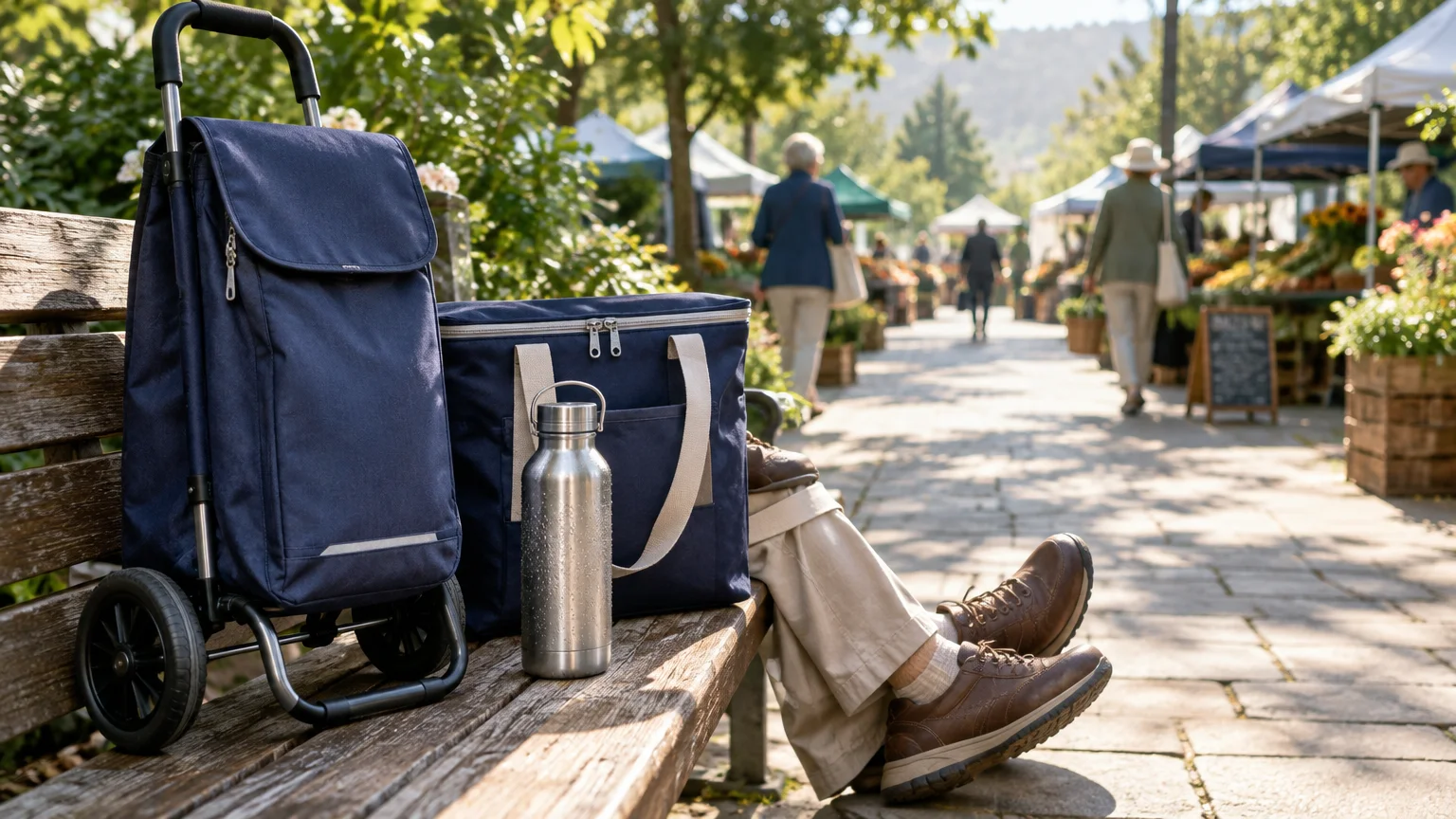 A wheeled shopping cart, tote bag, and water bottle sit on a park bench beside a resting visitor at an outdoor market.