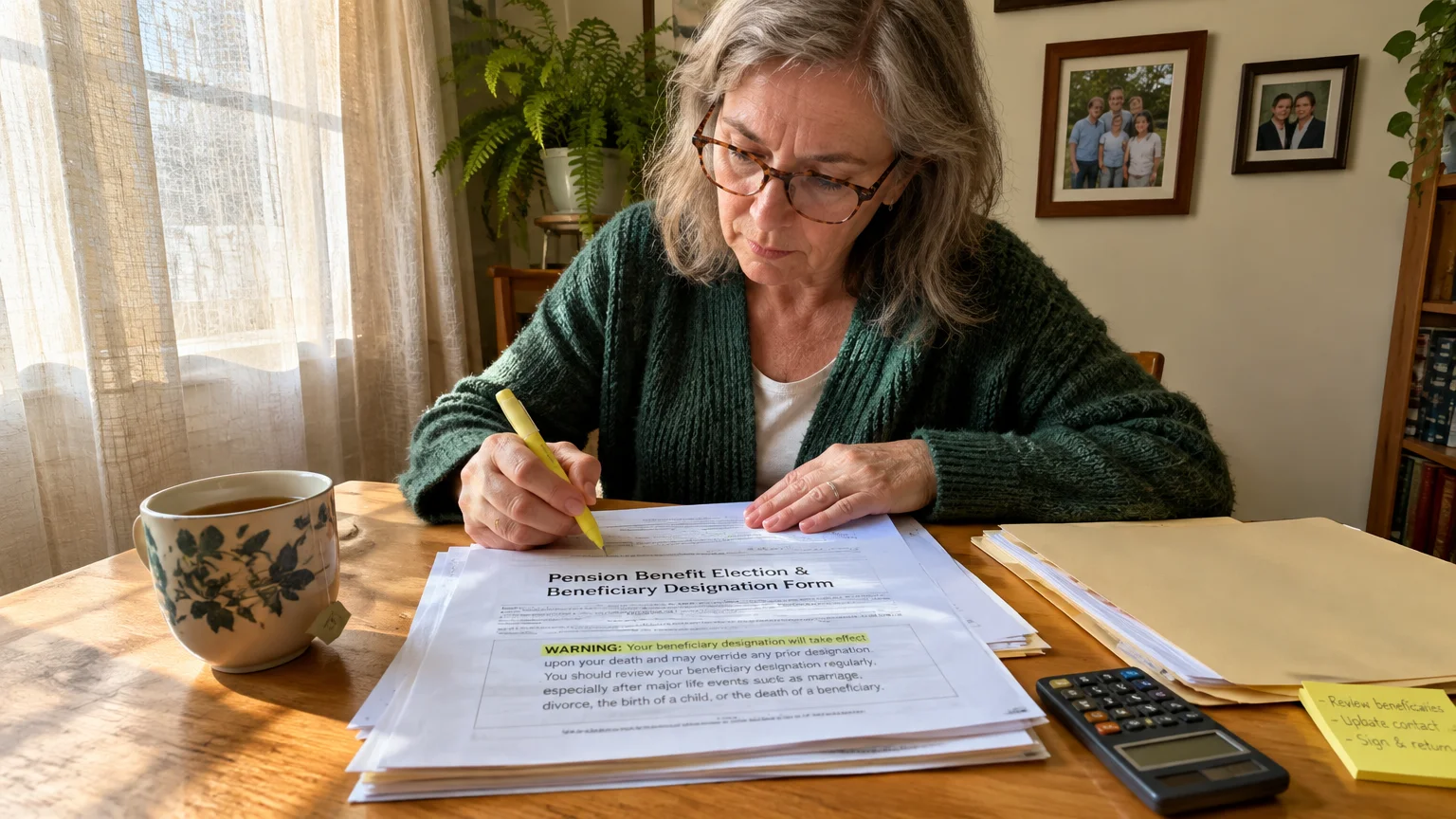 Senior woman with glasses highlighting a Pension Benefit Election and Beneficiary Designation Form at a wooden table.