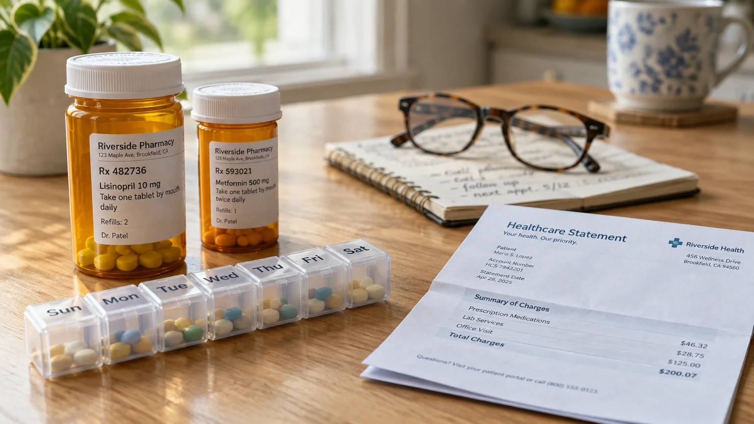 Pill bottles, a weekly pill organizer, eyeglasses, and a healthcare statement laid out on a wooden table.
