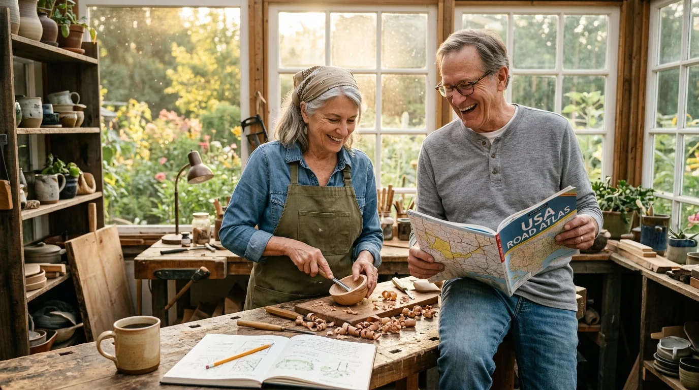 Senior couple smiling in a sunlit workshop, with the woman carving wood and the man reading a road atlas.