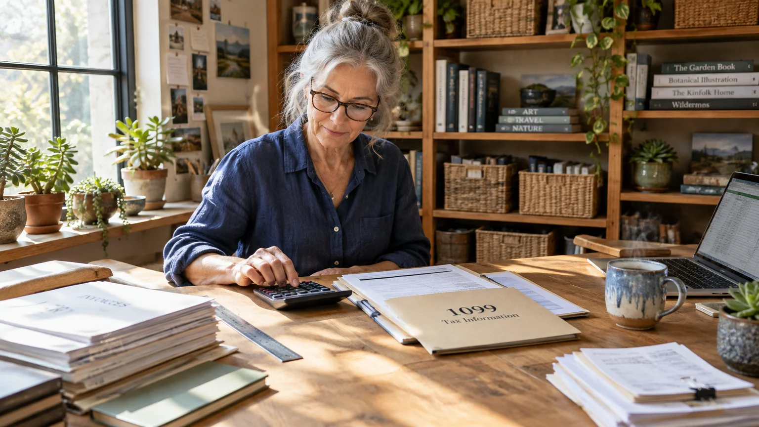 A senior woman wearing glasses uses a calculator at a wooden desk covered in tax forms and a 1099 folder.