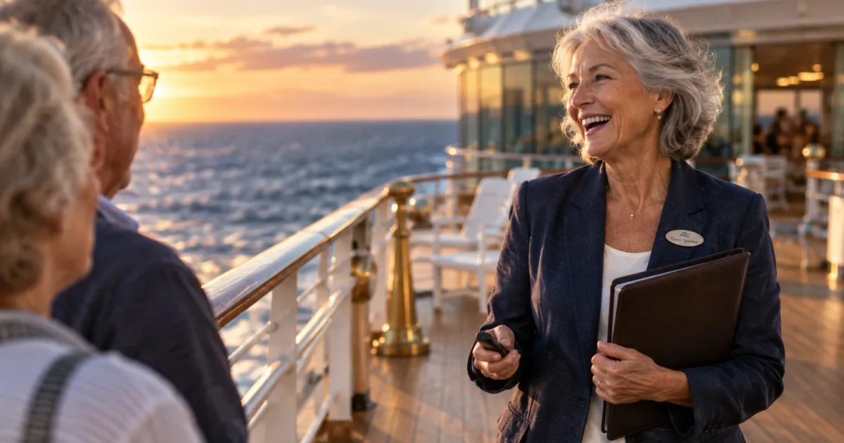 A smiling senior woman in a blazer holds a portfolio while speaking with passengers on a cruise ship deck at sunset.
