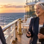 A smiling senior woman in a blazer holds a portfolio while speaking with passengers on a cruise ship deck at sunset.