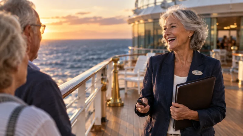 A smiling senior woman in a blazer holds a portfolio while speaking with passengers on a cruise ship deck at sunset.