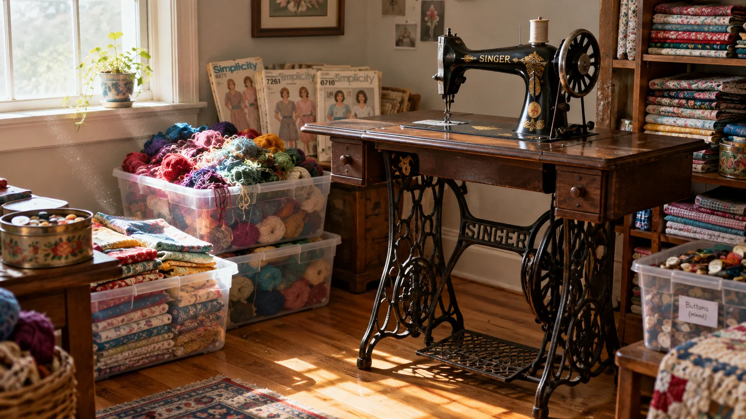 Vintage Singer treadle sewing machine surrounded by plastic bins filled with yarn, folded fabric, and buttons.