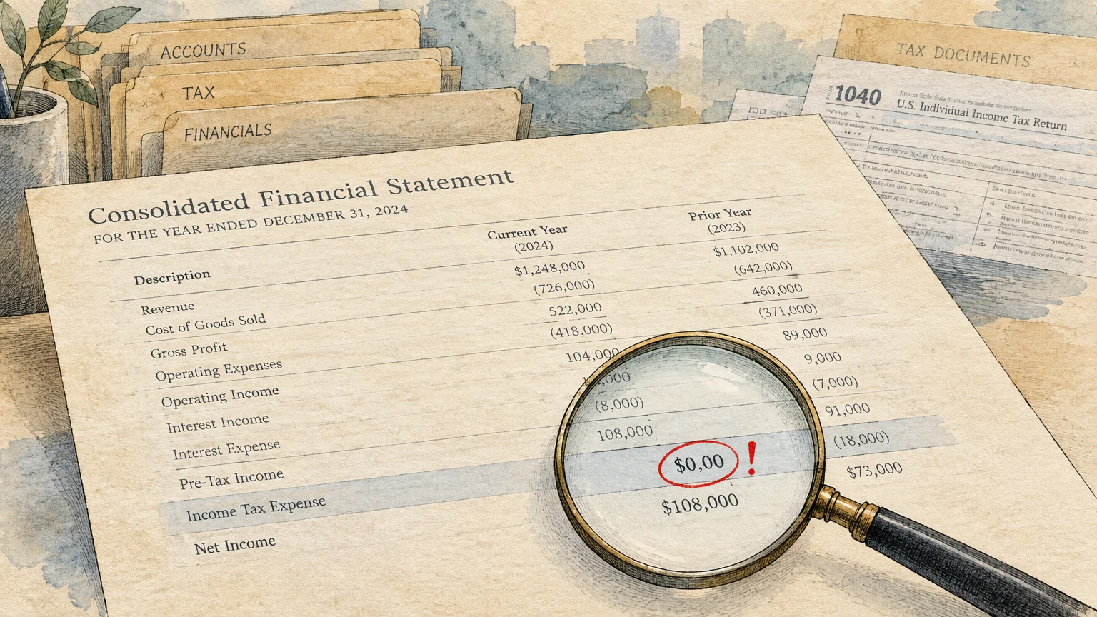 Magnifying glass highlighting a zero-dollar entry circled in red on a financial statement beside tax documents.
