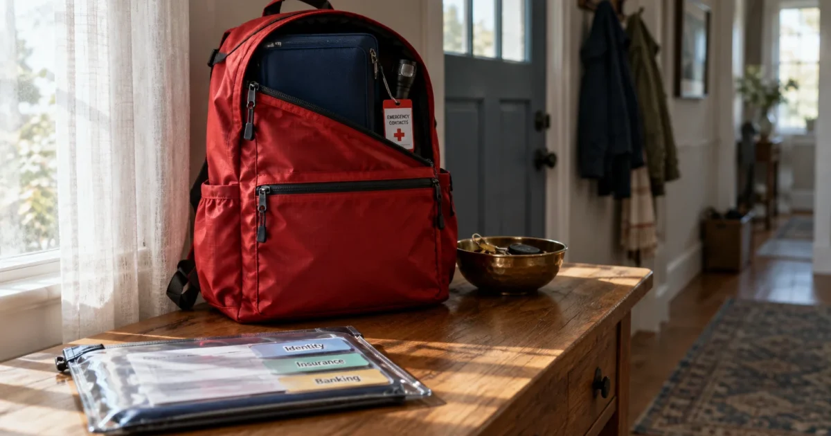 A red backpack stands open on a wooden table beside a clear pouch organizing identity, insurance, and banking papers.