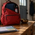 A red backpack stands open on a wooden table beside a clear pouch organizing identity, insurance, and banking papers.