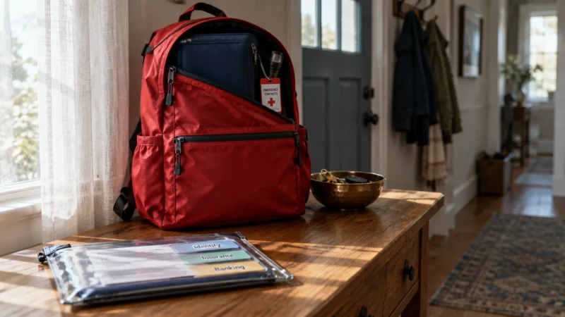 A red backpack stands open on a wooden table beside a clear pouch organizing identity, insurance, and banking papers.