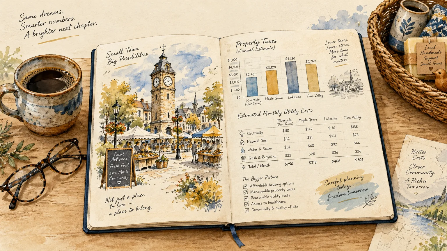 Open journal featuring a watercolor illustration of a market square alongside property tax and utility cost charts.
