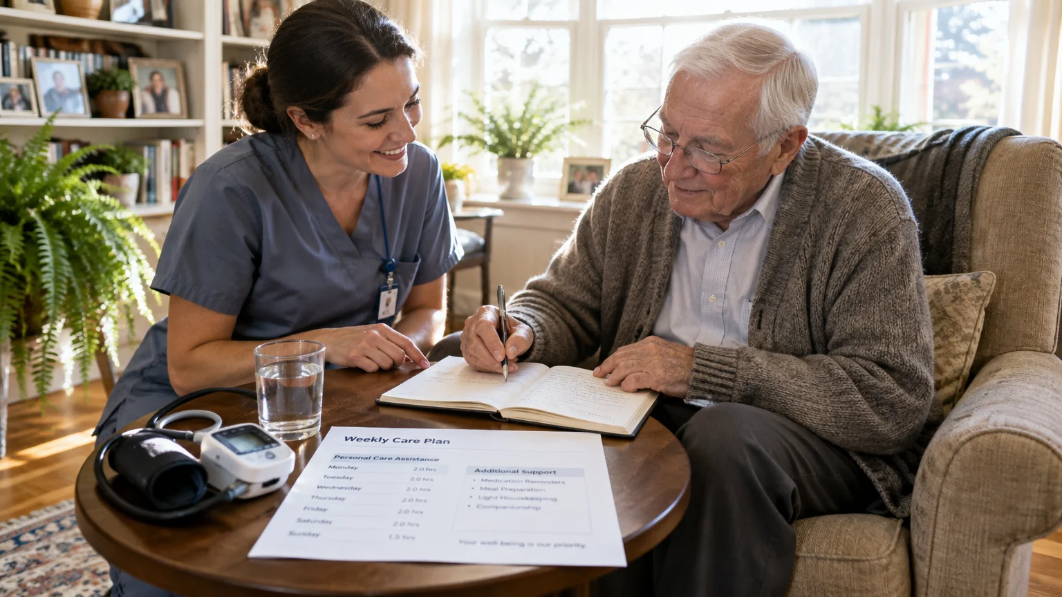 Nurse in scrubs smiles while an elderly man in an armchair writes in a notebook beside a weekly care plan sheet.
