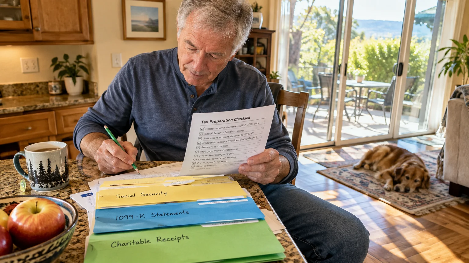 Man reviewing a tax preparation checklist at a counter beside folders labeled Social Security and 1099-R statements.