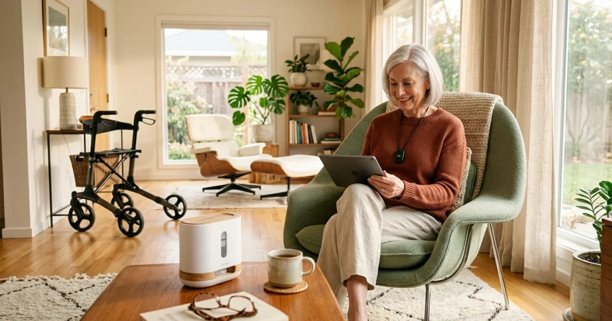 Senior woman sitting in an armchair using a tablet, with a walker and smart dispenser visible in the living room.