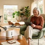 Senior woman sitting in an armchair using a tablet, with a walker and smart dispenser visible in the living room.