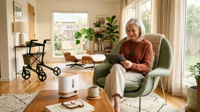 Senior woman sitting in an armchair using a tablet, with a walker and smart dispenser visible in the living room.