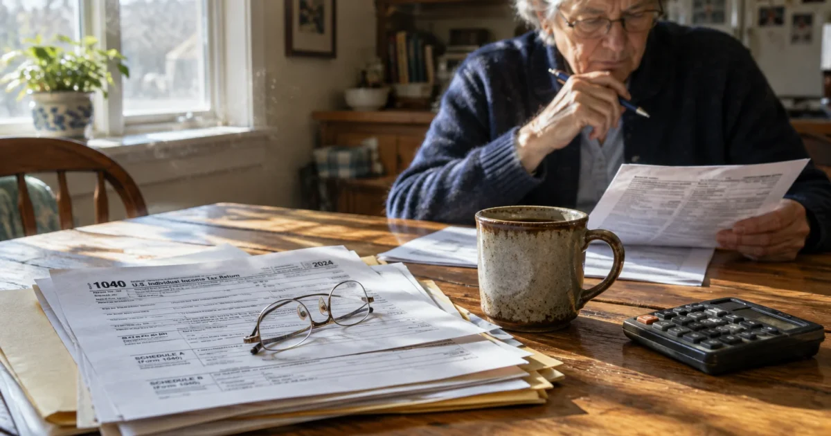 A senior man reviews tax forms at a wooden table beside a calculator, coffee mug, and Form 1040 documents.