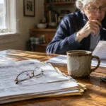 A senior man reviews tax forms at a wooden table beside a calculator, coffee mug, and Form 1040 documents.
