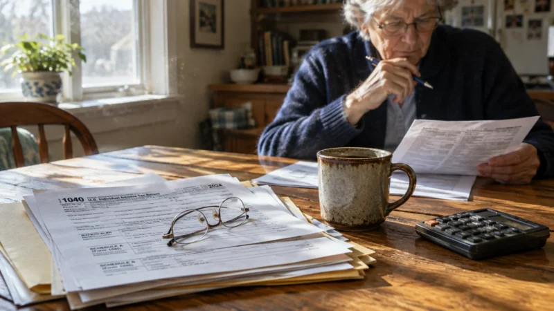 A senior man reviews tax forms at a wooden table beside a calculator, coffee mug, and Form 1040 documents.